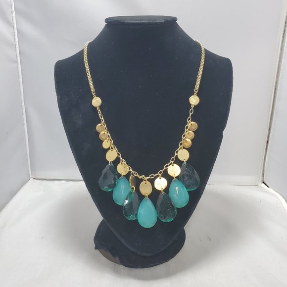 Bijou gold discs and a teal teardrop acrylic stone statement necklace, - Picture 4 of 8